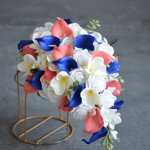 Deep Blue And Coral Pink Bridal Bouquets, Artifical Calla Lilies, Real Touch Plumerias, Coral Beach Bridesmaids Bouquets