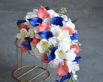 Coral and Blue Bridal Bouquet, Real Touch Calla Lilies Plumerias