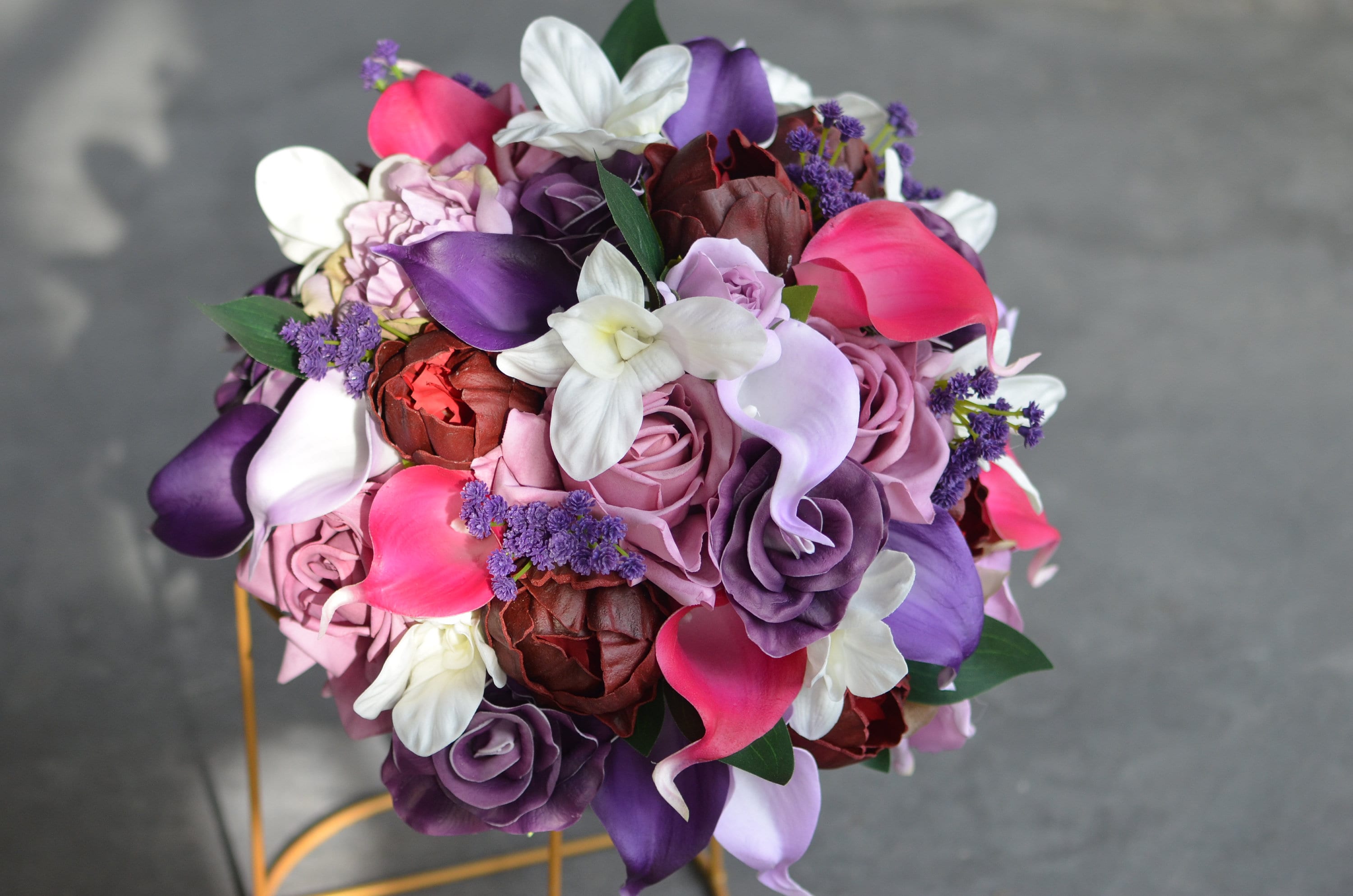 Hot Pink Purple Wedding Bouquets, Fuchsia Real Touch Calla Lilies, Roses,  White Orchids, Purple Baby's Breath, White Boutonnieres - Etsy Israel, image size:3000x1987