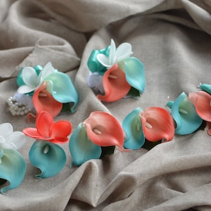 Artificial Flowers Beach Turquoise Coral Boutonnieres Designed With Calla Lilies, Plumerias, Real Touch Flowers