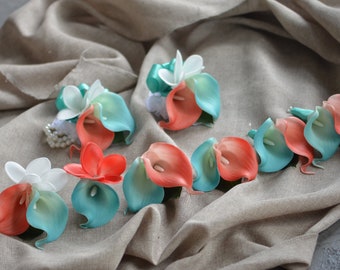 Artificial Flowers Beach Turquoise Coral Boutonnieres Designed With Calla Lilies, Plumerias, Real Touch Flowers