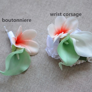 Mint Coral Boutonnieres, Coral Plumerias Corsages, Calla Lily Groom Groomsman Boutonnieres, Real Touch Calla Lilies And Plumerias