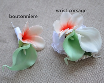 Mint Coral Boutonnieres, Coral Plumerias Corsages, Calla Lily Groom Groomsman Boutonnieres, Real Touch Calla Lilies And Plumerias