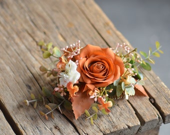 Faux Terracotta Flowers Hair Clip, Burnt Orange Wedding Floral Comb, Autumn Bridal Hair Decor Flowers, Fall Wedding Floral Comb