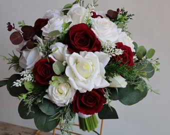 Faux Burgundy Cream White Rose Wedding Bouquet, Dark Red Boho Bouquet, Bridal Bridesmaids Bouquet, Eucalyptus, Real Touch Fake Flowers