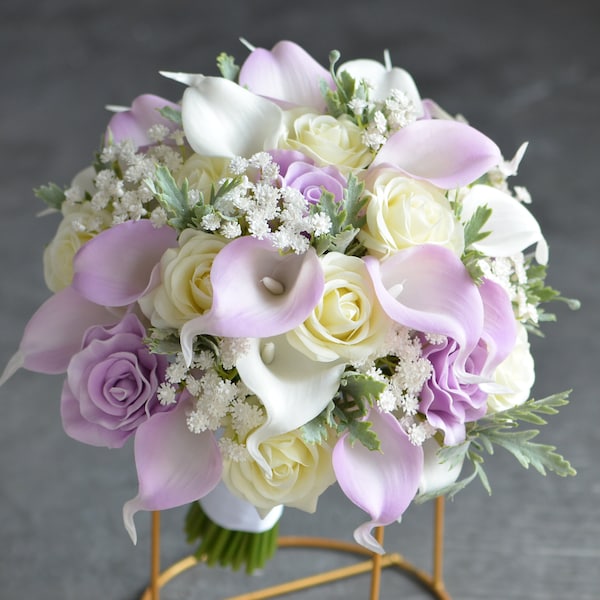 Lilac Bridal Bouquets, Light Purple Rustic Silk Bridal Bouquet, Real Touch Calla Lilies, Ivory White Roses, Baby's Breath, Plumerias Bouquet