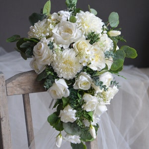 Luxury White Cascading Bridal Bouquet, Cream White Greenery Boho Wedding Bouquets, Artificial Real Touch Flowers, Eucalyptus