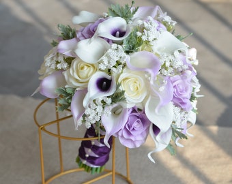 Artificial Flowers Light Purple Bridal Bouquet, Rustic Lilac Silk Bridal Bouquet, Real Touch Calla Lilies, Ivory White Roses, Baby's Breath