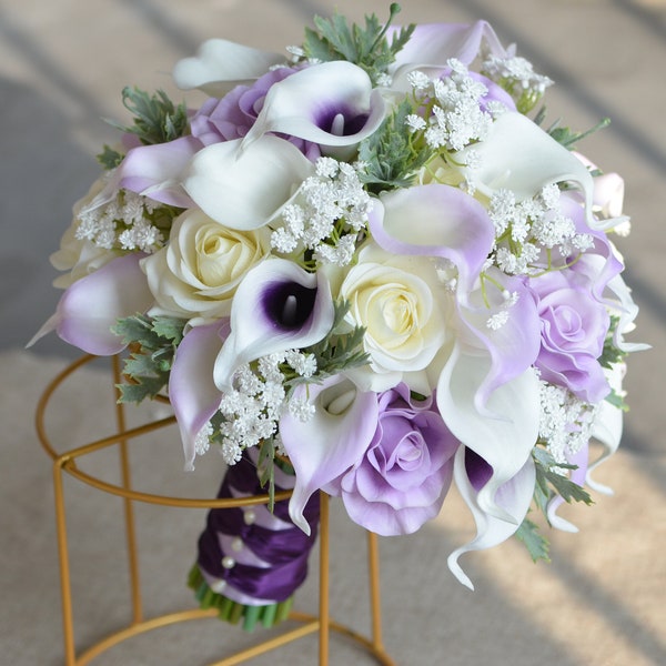 Artificial Flowers Light Purple Bridal Bouquet, Rustic Lilac Silk Bridal Bouquet, Real Touch Calla Lilies, Ivory White Roses, Baby's Breath