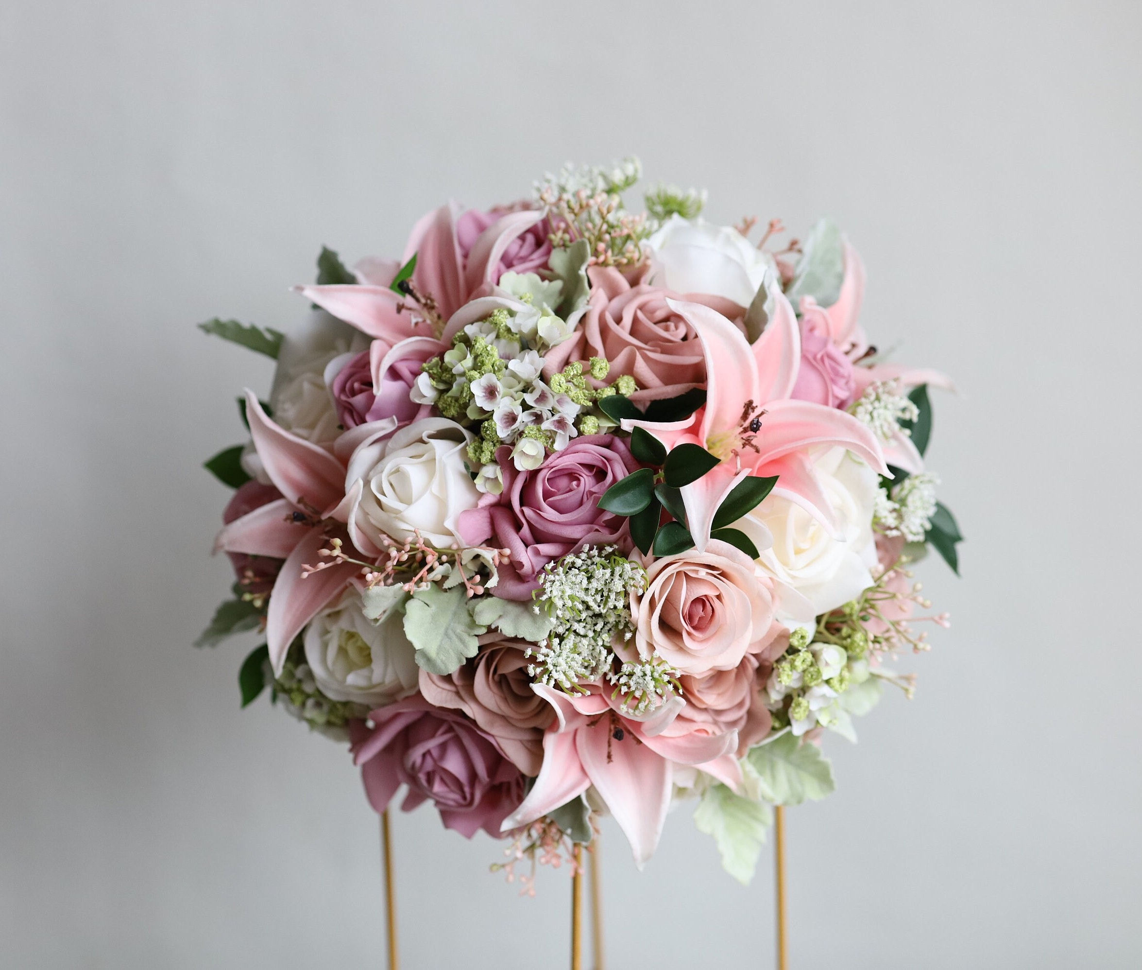 Real touch Faux Dusty Pink White Flowers Wedding Bouquet in Rose, Tiger Lily, Wildflowers, Boho Pink Bridal Bouquet, Bridesmaid, Boutonniere