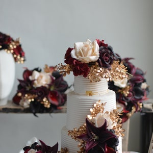 Burgundy Black Gold Beige Bridal Bouquet, Faux Real Touch Flowers, Fall wedding Halloween Wedding, Deep Purple Black Wedding Bouquet 1 set of cake decor