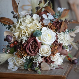 12&quot; Coffee Brown Cream Boho Fall Bouquet, Faux Flowers Wedding Bouquets, Real Touch Roses, Pampass grass Orange ivory rust terracotta