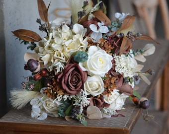 12" Coffee Brown Cream Boho Fall Bouquet, Faux Flowers Wedding Bouquets, Real Touch Roses, Pampass grass Orange ivory rust terracotta