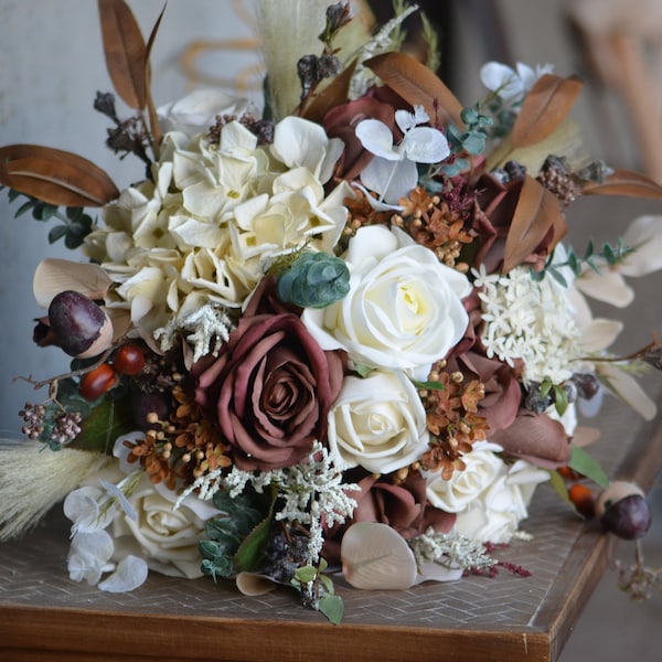 12" Coffee Brown Cream Boho Fall Bouquet, Faux Flowers Wedding Bouquets, Real Touch Roses, Pampass grass Orange ivory rust terracotta