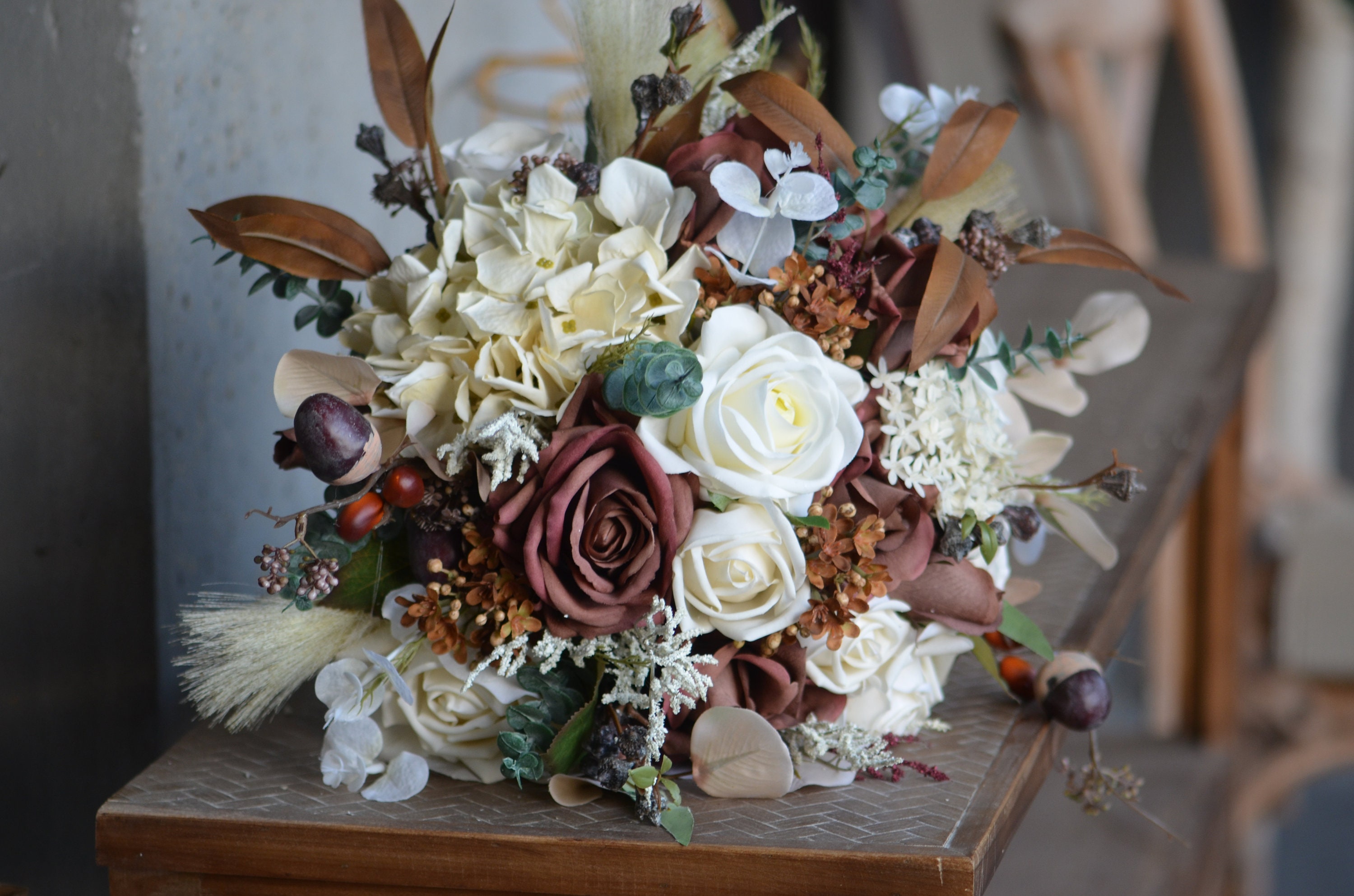 Coffee Brown Faux Flower Bouquet, Ivory Roses, Pampas Grass - Etsy