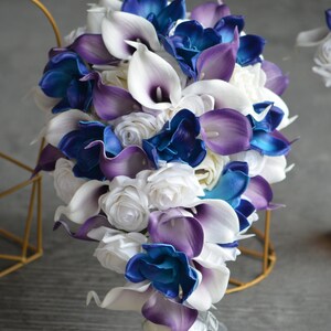 Purple Blue Bridal Bouquets, Real Touch Artificial Flowers, Calla Lilies, Roses, Galaxy Orchids, Blue Purple Weddings, Corsages