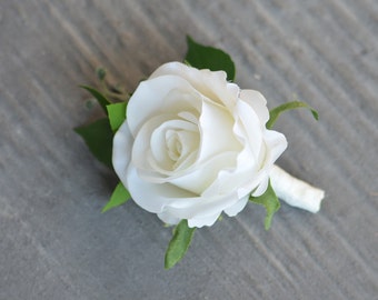 Faux Ivory Cream Rose Boutonnieres, Faux Real Touch Ivory Roses, White Cream Greenery Boutonniere, Corsage