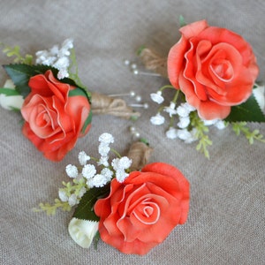 Coral Rose Boutonnieres, Peach Boutonniere, Wedding Boutonniere & Wedding Corsage, Wedding Homecoming Prom Corsage, Pu Rose image 3