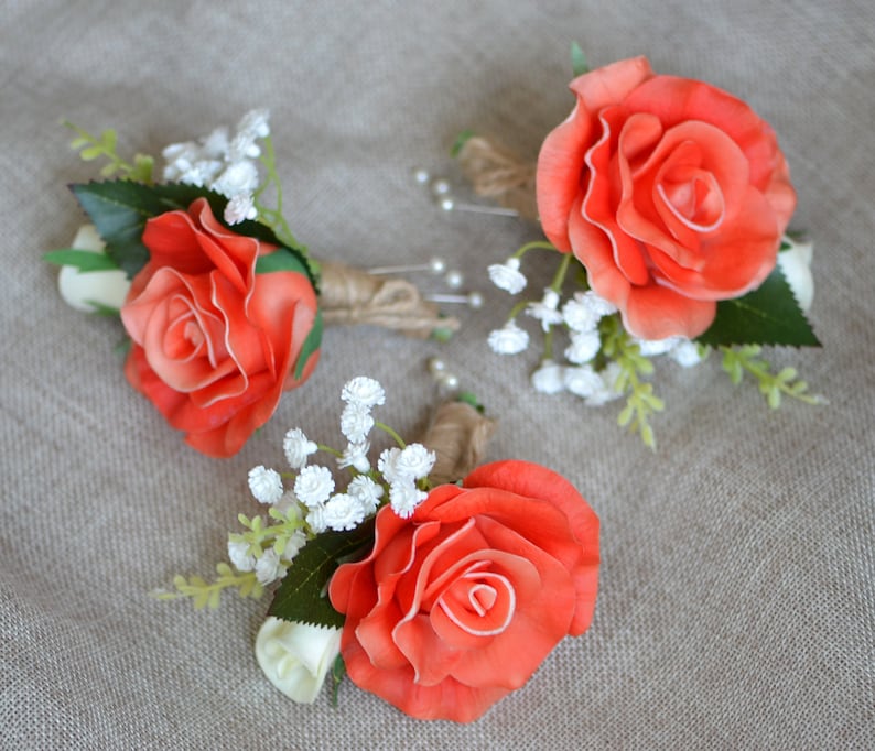 Coral Rose Boutonnieres, Peach Boutonniere, Wedding Boutonniere & Wedding Corsage, Wedding Homecoming Prom Corsage, Pu Rose image 3