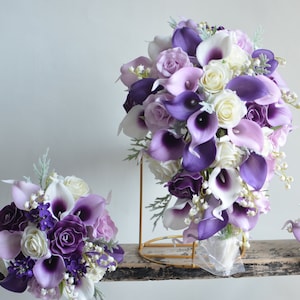 Rustic Purple Bridal Bouquets in Real Touch Fake Calla Lilies, Roses, Lily of the valley, Faux Wedding Bouquets, Purple Lilacs, Boutonniere