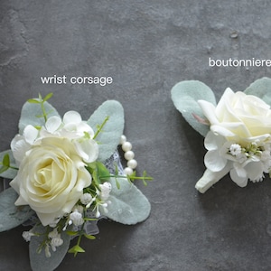 Ivory Cream Rose Boutonnieres, Faux Real Touch Ivory Roses, White Cream Greenery Boutonniere, Corsage