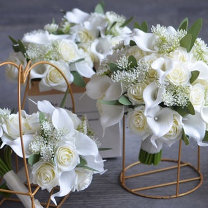 Ivory Real Touch Roses, Rustic Bridal Bouquet, Ivory Calla Lilies, Eucalyptus, Wedding Bouquets, Ivory Bridesmaids Bouquets, Boutonnieres