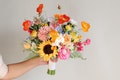 Wildflower Bridal Bouquet, Colorful Orange Hot Pink Wedding Bouquet, Spring Summer Bouquets, Dahlia, Ranunculus, Poppy, Daisies, Sunflowers