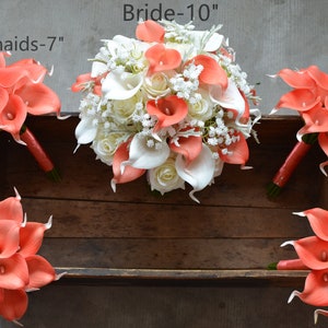 Coral Wedding Bouquets, Rustic Silk Bridal Bouquet, Faux Real Touch Flowers, Coral Calla Lilies, Ivory Roses, Baby&#39;s Breath