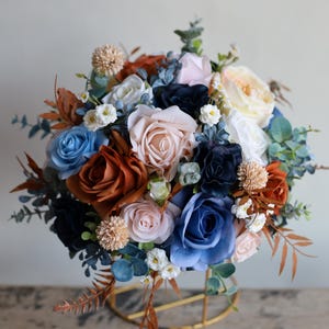 Dusty Blue Navy Burnt Orange Blush White Wedding Bouquets, Artificial Real Touch Roses, Fall Autumn Bridal Bouquets, Terracotta Fake Flowers
