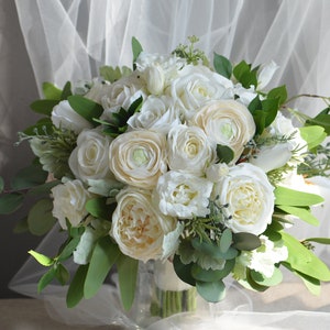 13&quot; Luxry Faux Flowers White/Ivory Cream Bridal Bouquet, Real Touch Flowers Wedding Bouquets, Off White Roses, Ranunculus, Lisianthus