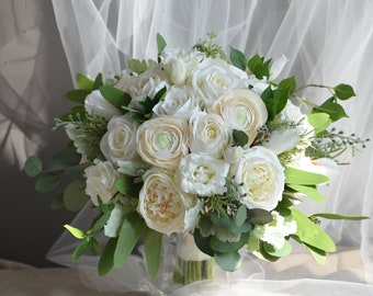 13" Luxry Faux Flowers White/Ivory Cream Bridal Bouquet, Real Touch Flowers Wedding Bouquets, Off White Roses, Ranunculus, Lisianthus