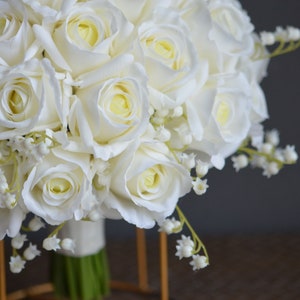 12 Ivory Real Touch Roses Bridal Bouquet, White Lily Of Valley Wedding Bouquets, Off White Roses Artificial Flowers Bouquets image 5