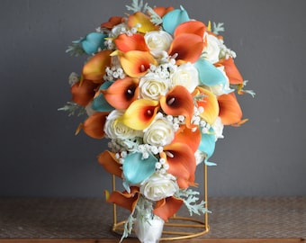 Faux Burnt Orange Calla Lily Bouquet: Ivory Roses, Turquoise Accents