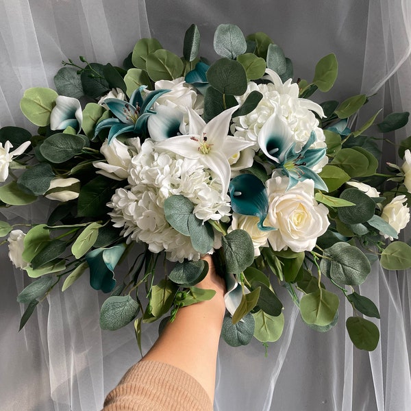 Teal And White Wedding Archway Flower, Teal Blue Wedding Corner Swag, Beach Wedding Backdrop, Wedding Arch Flowers Decor