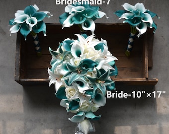 Faux Teal Bridal Bouquets, Bridesmaids Bouquets, Teal Tiger Lily Roses, Real Touch Calla Lilies, Silk Bridal Bouquets, White Roses