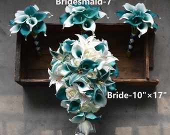 Faux Teal Bridal Bouquets, Bridesmaids Bouquets, Teal Tiger Lily Roses, Real Touch Calla Lilies, Silk Bridal Bouquets, White Roses