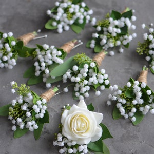 Real Touch Ivory White Rose Boutonniere, Green Boutonniere, Wedding Boutonniere & Wedding Corsage, Wedding Homecoming Prom Corsage