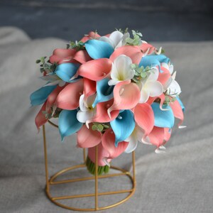 Malibu Blue Coral Bridal Bouquets,  Real Touch Calla Lilies, Faux Plumerias, Coral Beach Bridesmaids Bouquets, Turquoise Boutonnieres