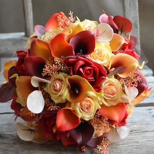 Autumn Wedding Bouquets, Faux Real Touch Calla Lilies, Yellow Orange Roses, Rustic Silk Bouquets, Burgundy Eucalyptus Weddings