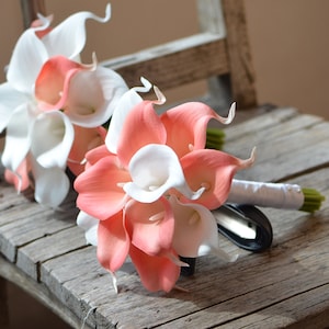 Coral Pink Bridal Bouquets, Real Touch Calla Lilies, Coral Bridesmaids Bouquets, Coral Boutonnieres