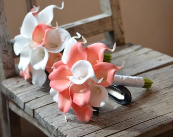 Coral Pink Bridal Bouquets, Real Touch Calla Lilies, Coral Bridesmaids Bouquets, Coral Boutonnieres