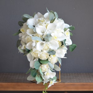 Fake Ivory White Wedding Bouquets, Ivory Real Touch Roses, White Greenery Rose Calla Lily Bridal Bouquet, Real Touch Flowers