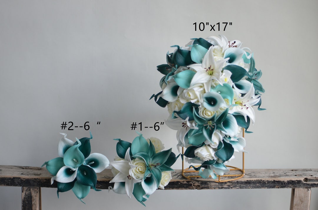 Artificial Flowers Turquoise Teal Bridal Wedding Bouquets, Teal White