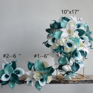 Artificial Flowers Turquoise Teal Bridal Wedding Bouquets, Teal White Tiger Lily Roses, Real Touch Calla Lilies, Faux Flowers Boutonnieres