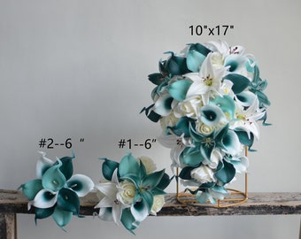 Teal Calla Lily Bridal Bouquet, White Roses, Artificial Wedding Flowers