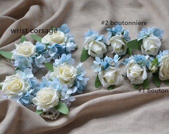 Boutonnieres, Ivory Roses, Blue Hydrangeas, Ivory Rose Corsages, Light Blue Boutonnieres