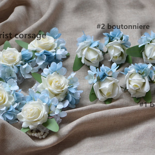 Boutonnieres, Elfenbein Rosen, blaue Hortensien, Elfenbein Rose Corsages, hellblau Boutonnieres