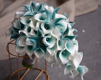 Turquoise Bride Bouquet, Blue Bridesmaid Bouquets, Teal Bouquet, Real Touch Calla Lilies, Tiger Lilies, Blue Weddings