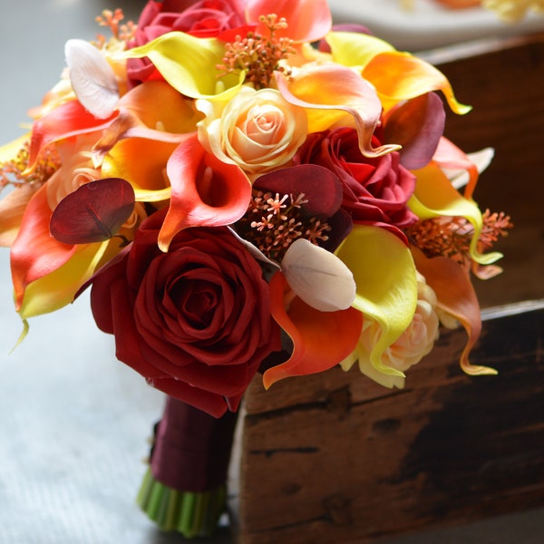 Autumn Wedding Bouquets, Faux Real Touch Calla Lilies, Yellow Orange Roses, Rustic Silk Bouquets, Burgundy Eucalyptus Weddings