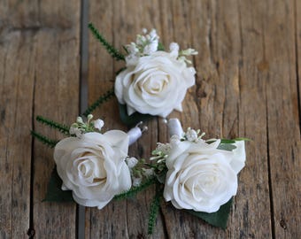 Real Touch White Rose Wedding Boutonniere, Homecoming Corsage
